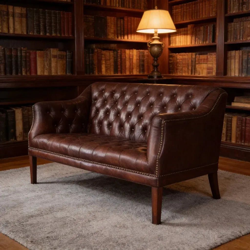Canapé Chesterfield Barnes 2 places en cuir marron foncé, vue 3 sur 4