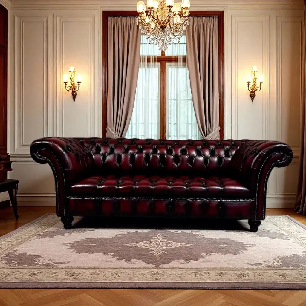 Canapé Chesterfield Belgravia 3 places en cuir bordeaux patiné, vue 4 sur 10