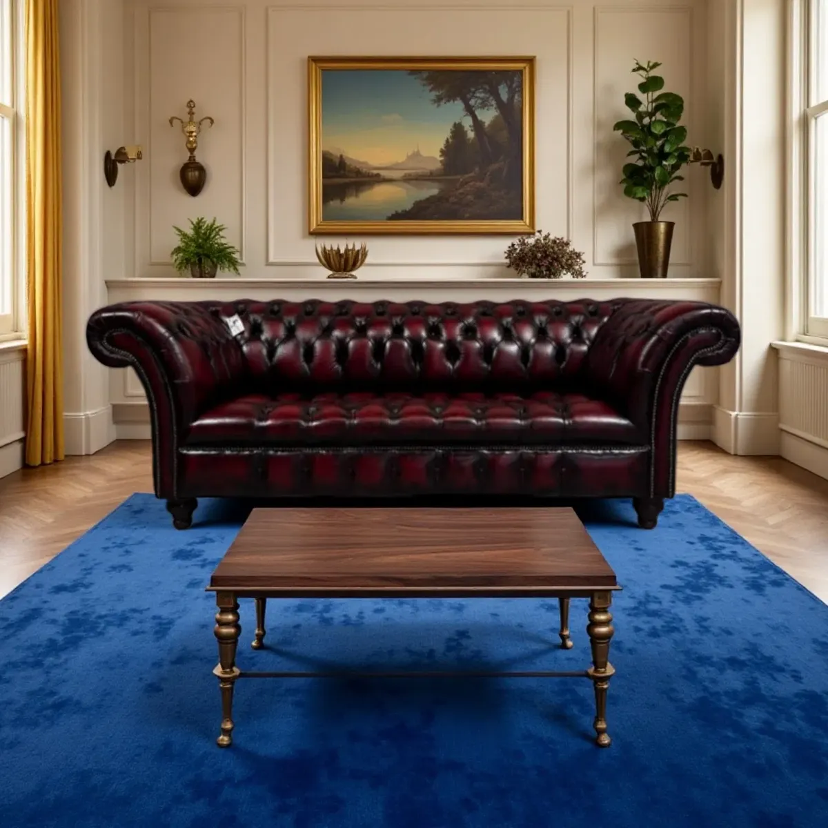 Canapé Chesterfield Belgravia 3 places en cuir bordeaux patiné, vue 5 sur 10