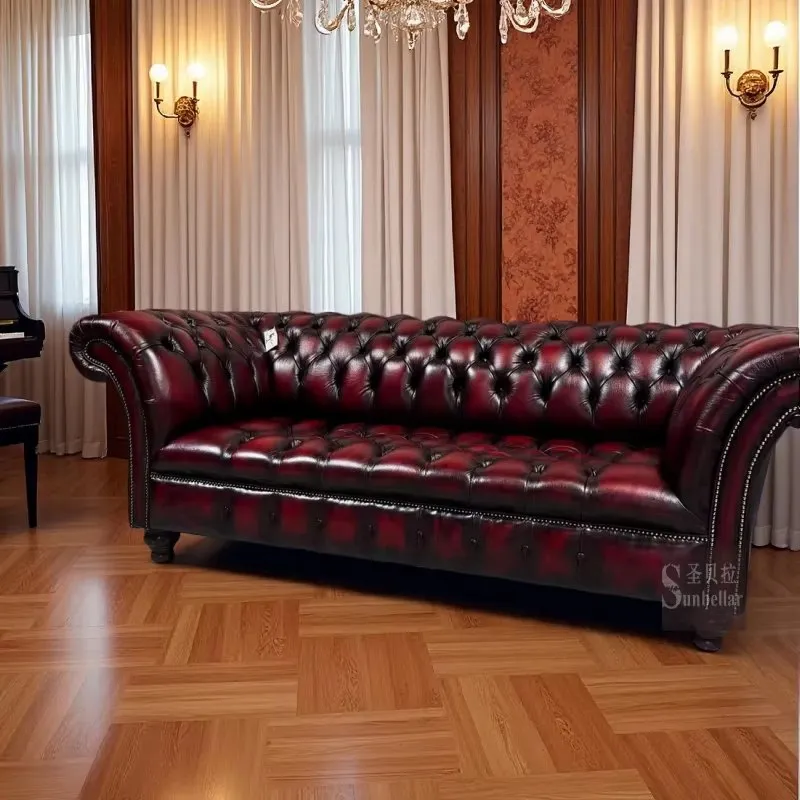 Canapé Chesterfield Belgravia 3 places en cuir bordeaux patiné, vue 8 sur 10