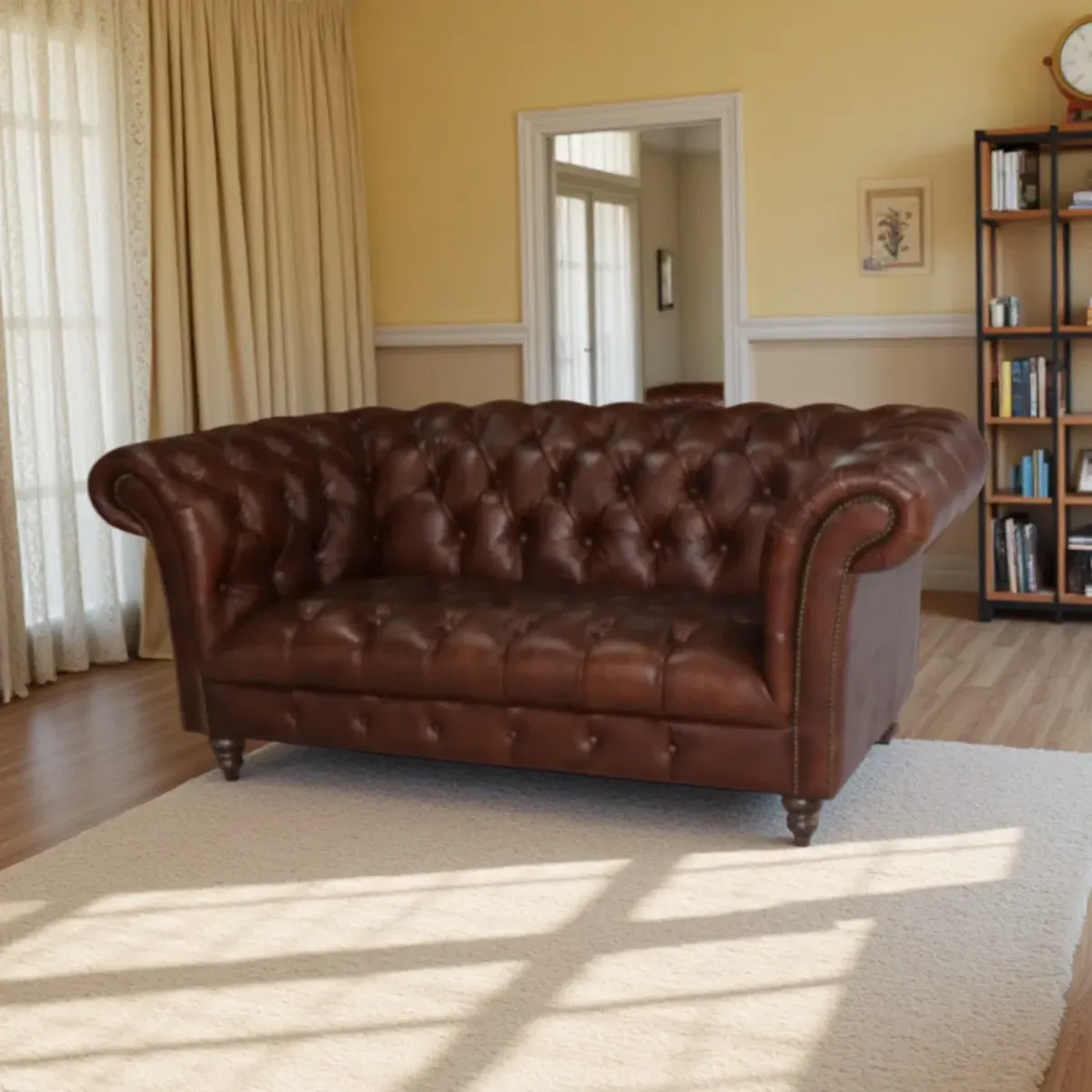 Canapé Chesterfield Belgravia 3 places en cuir bordeaux patiné, vue 9 sur 10