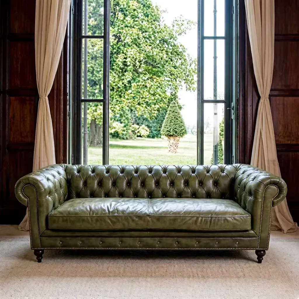 Canapé Chesterfield Chelsea en cuir vert anglais ciré