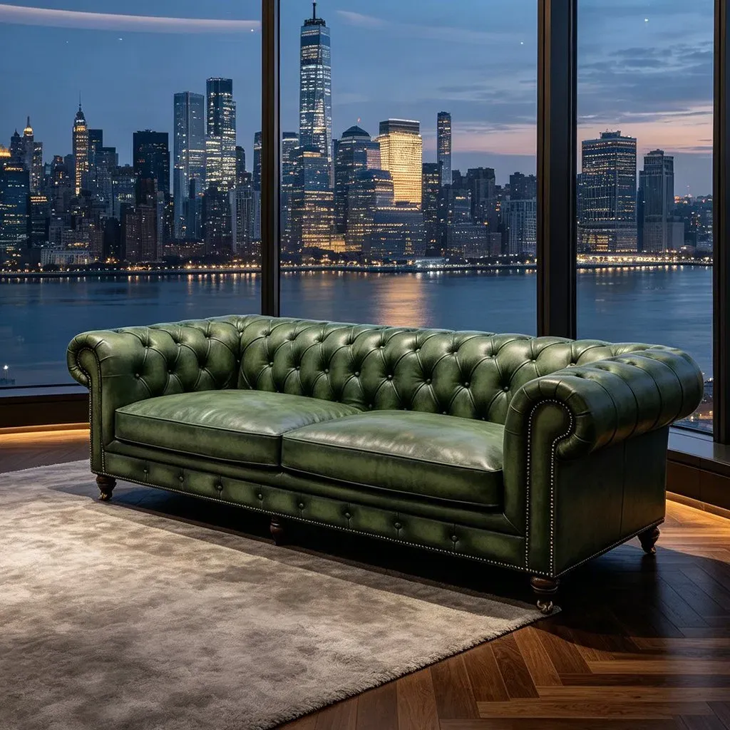 Canapé Chesterfield Chelsea en cuir vert anglais ciré, vue 4 sur 10