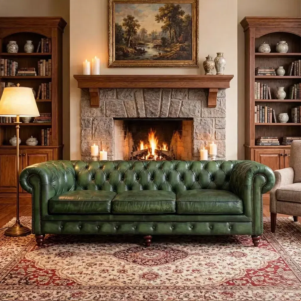 Canapé Chesterfield Chelsea en cuir vert anglais ciré, vue 6 sur 10