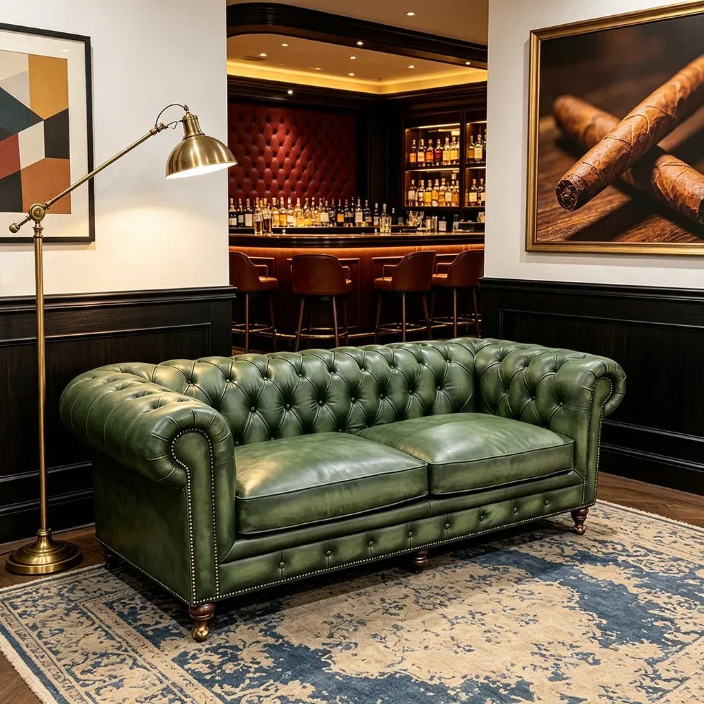 Canapé Chesterfield Chelsea en cuir vert anglais ciré, vue 7 sur 10