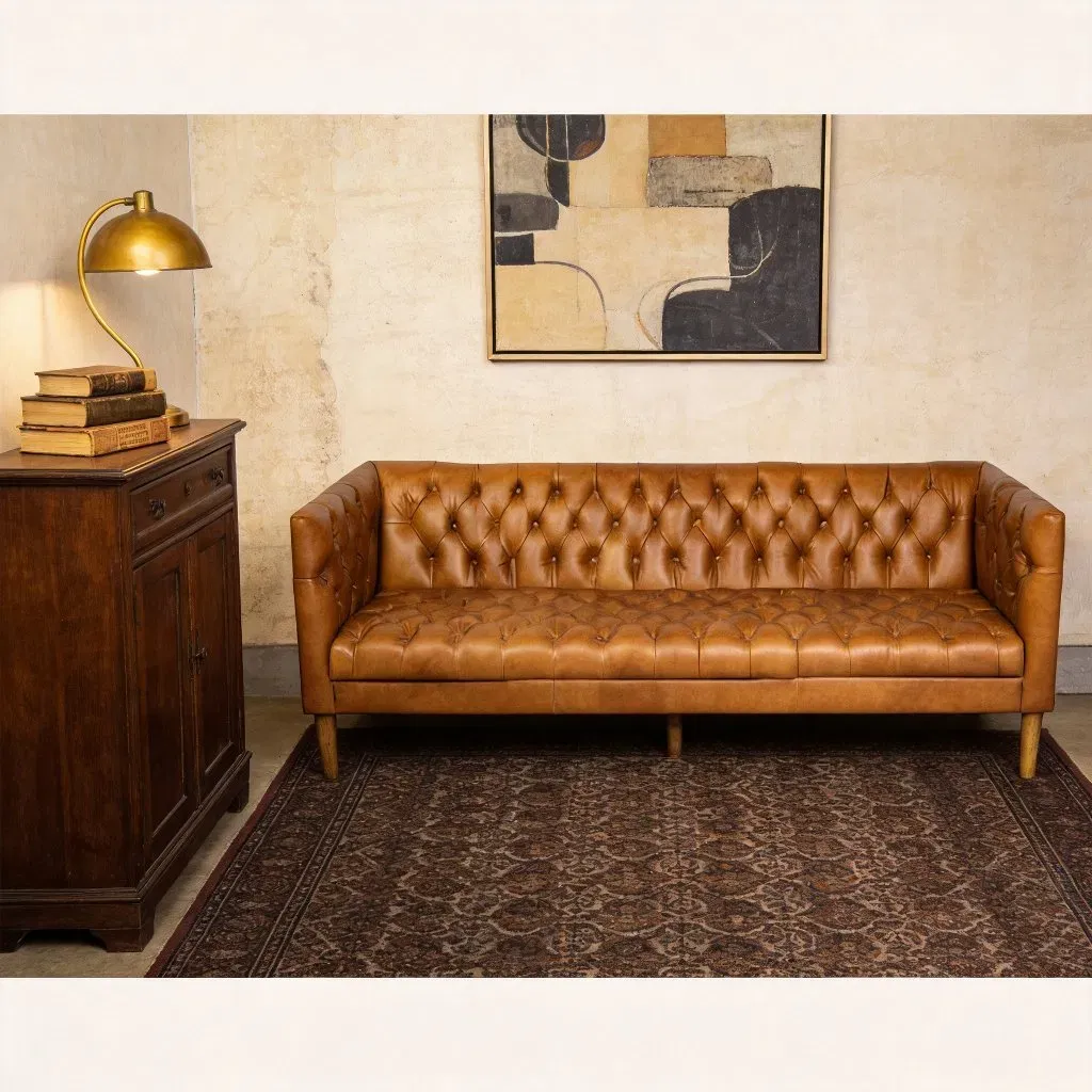 Canapé Chesterfield Chiswick 3 places en cuir cognac clair, vue 2 sur 6