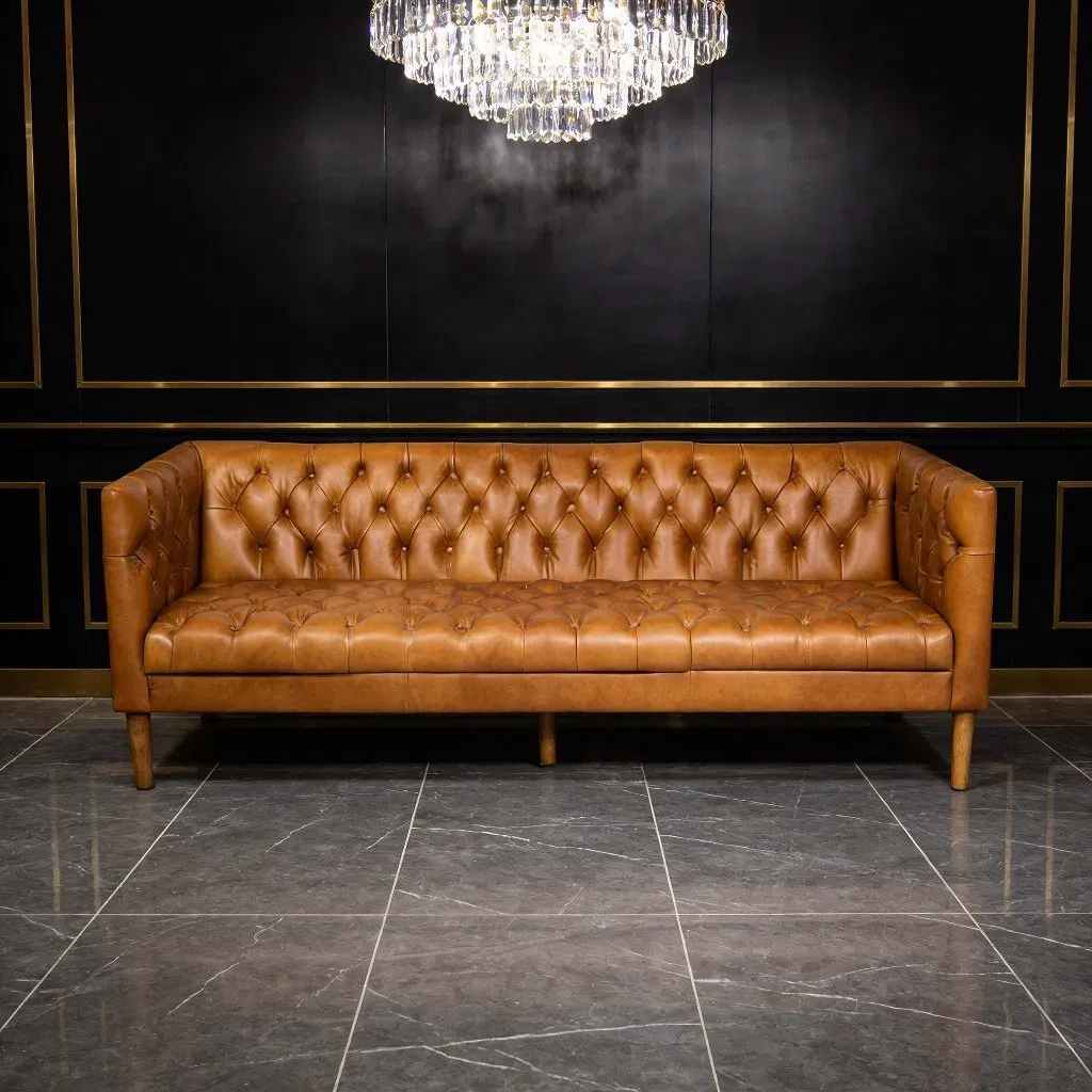 Canapé Chesterfield Chiswick 3 places en cuir cognac clair, vue 6 sur 6