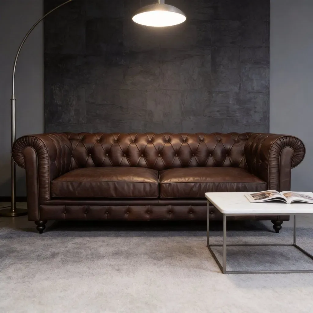 Canapé Chesterfield Greenwich 3 places en cuir marron foncé vieilli, vue 3 sur 6