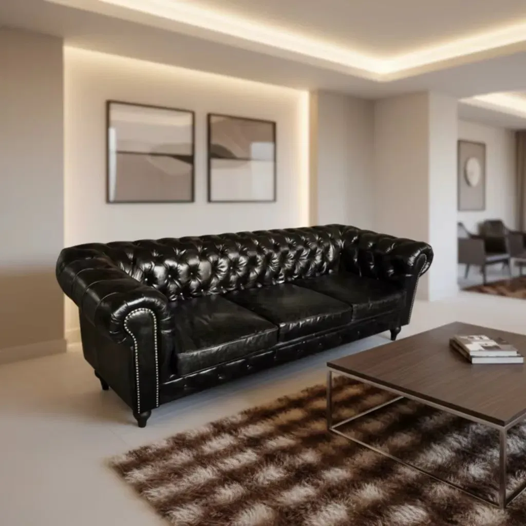 Canapé Chesterfield Hampstead 3 places en cuir noir, vue 3 sur 7