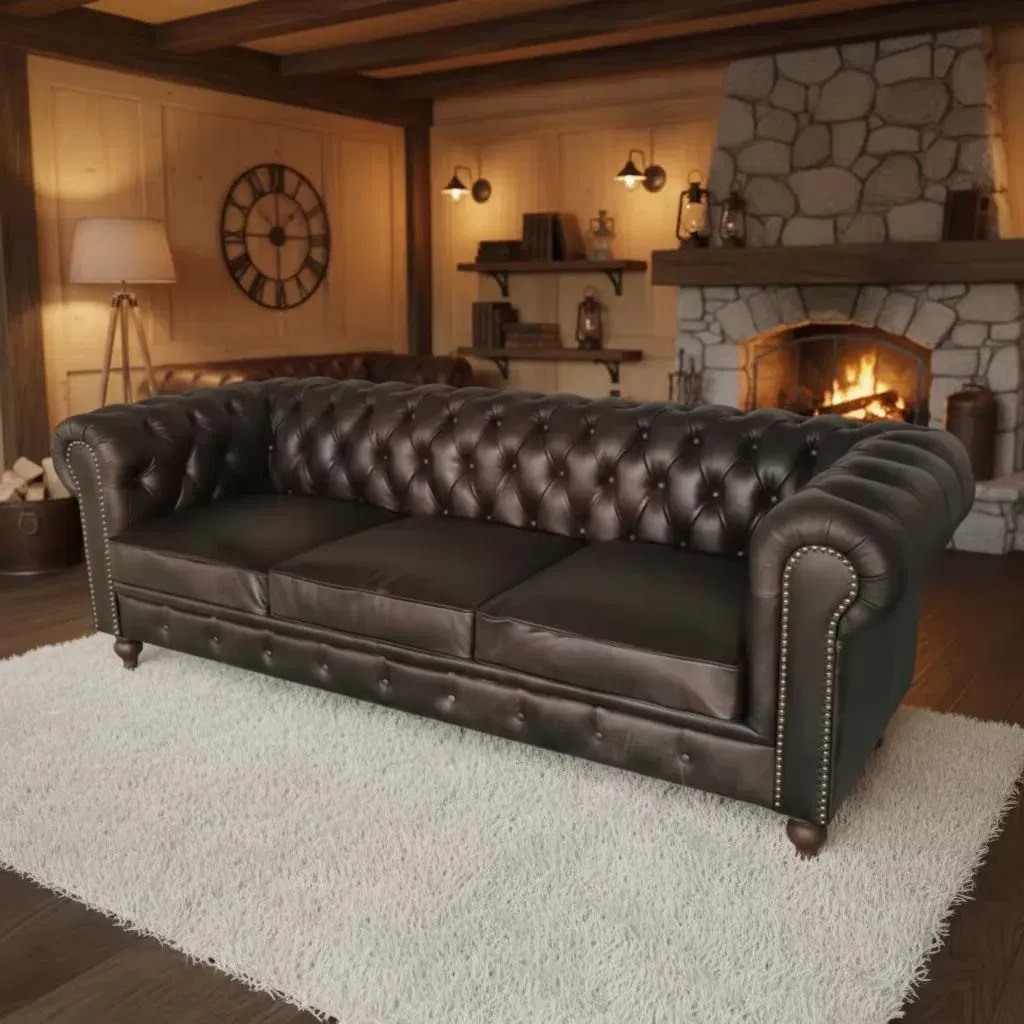 Canapé Chesterfield Hampstead 3 places en cuir noir, vue 5 sur 7