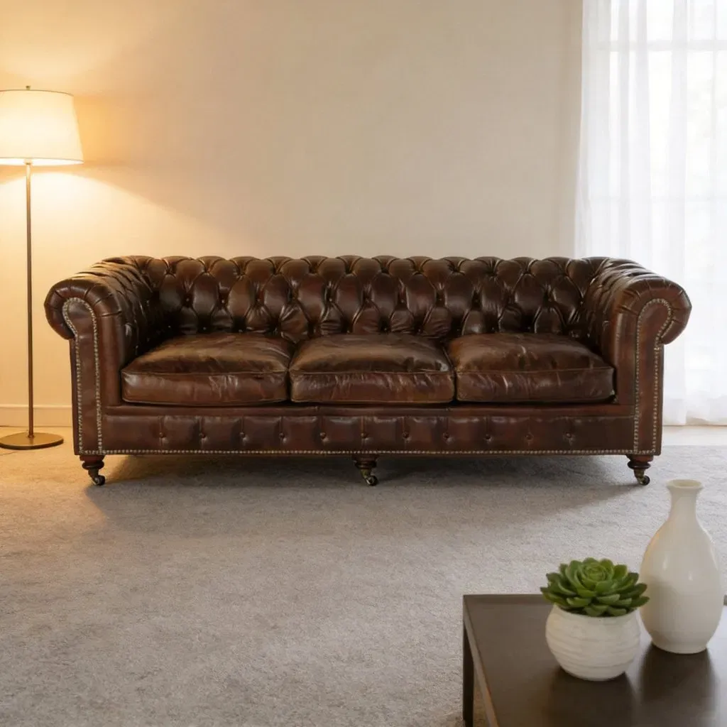Canapé Chesterfield Kensington en cuir cognac vieilli, vue 3 sur 10