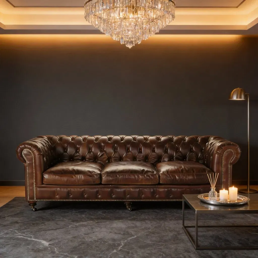 Canapé Chesterfield Kensington en cuir cognac vieilli : structure, garnissage et capitonnage : ce que l'on ne voit pas
