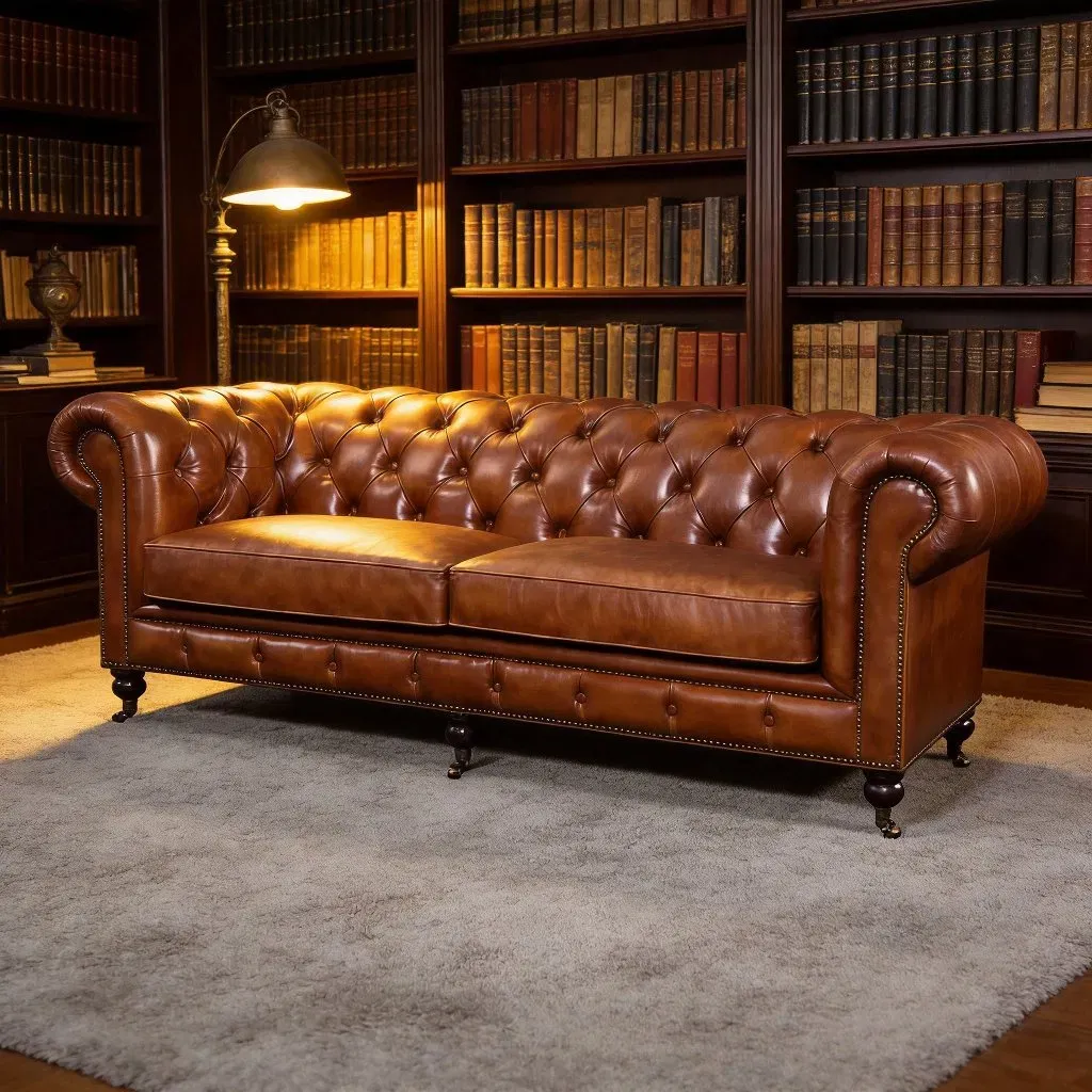 Canapé Chesterfield Kensington en cuir cognac vieilli, vue 6 sur 10