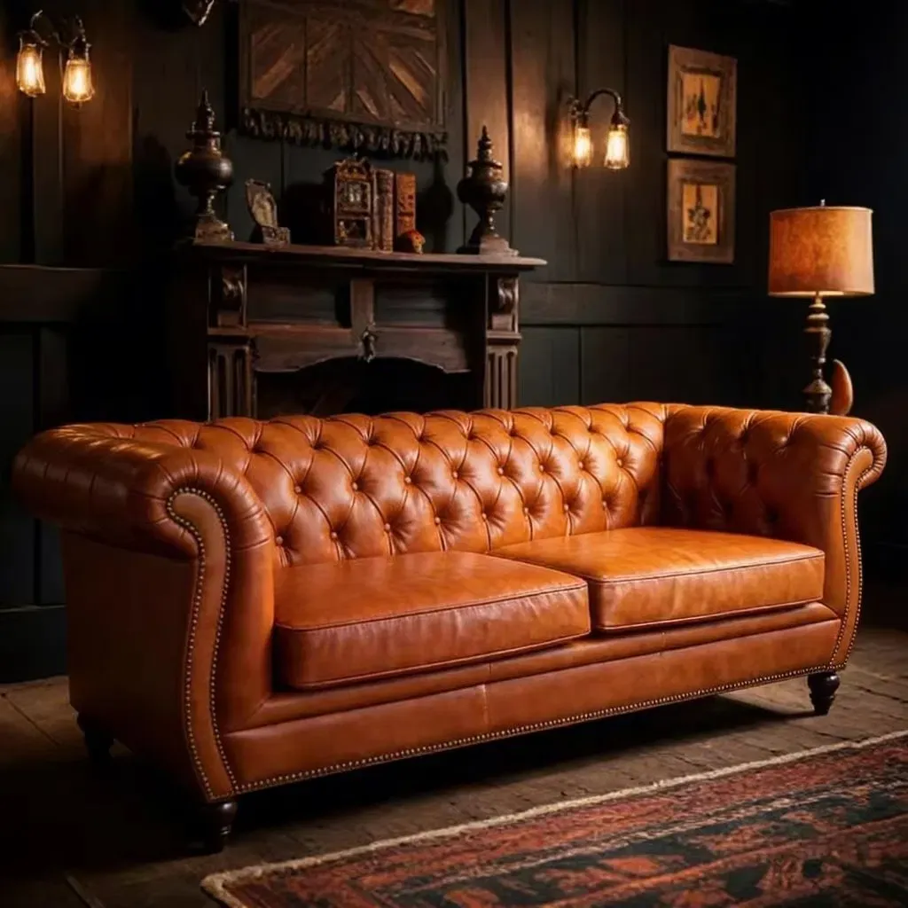 Canapé Chesterfield Marylebone 3 places en cuir cognac, vue 2 sur 9