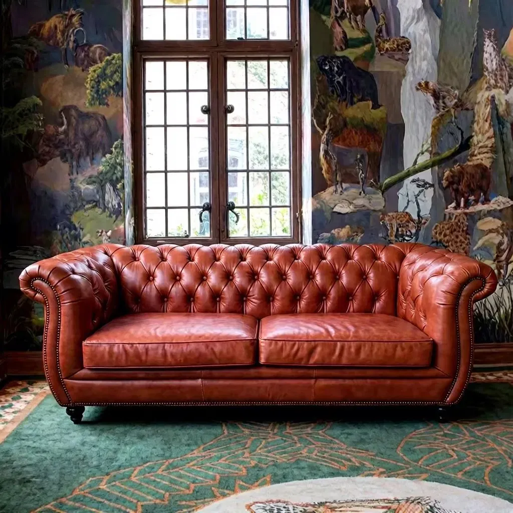 Canapé Chesterfield Marylebone 3 places en cuir cognac, vue 3 sur 9