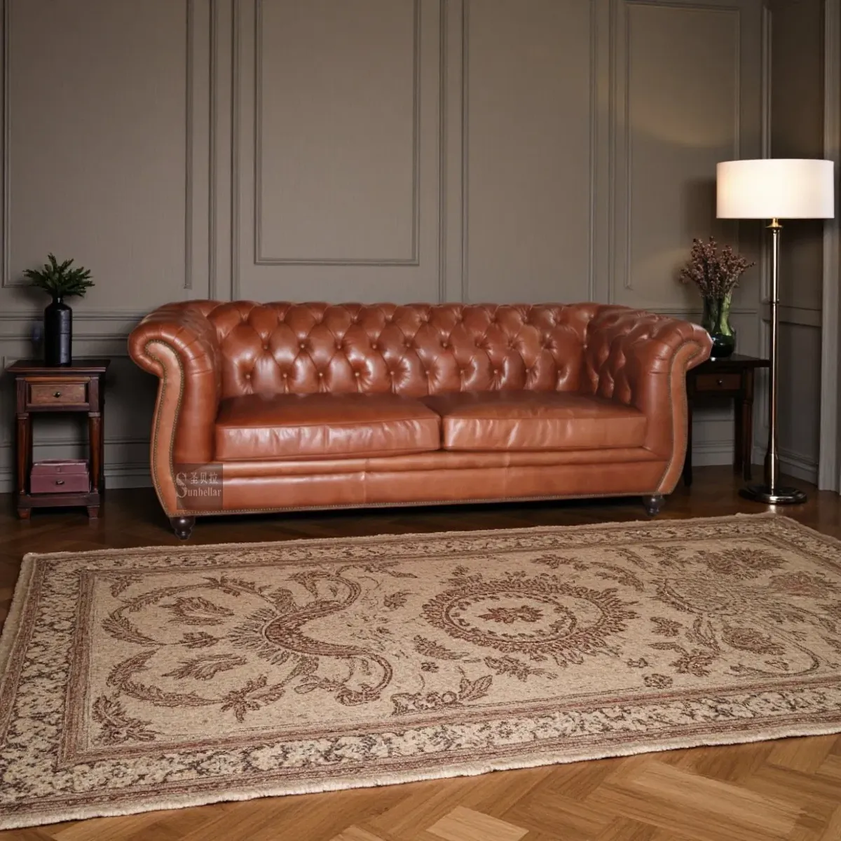 Canapé Chesterfield Marylebone 3 places en cuir cognac, vue 6 sur 9