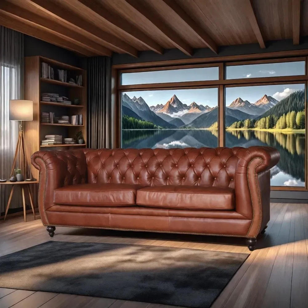 Canapé Chesterfield Marylebone 3 places en cuir cognac, vue 7 sur 9