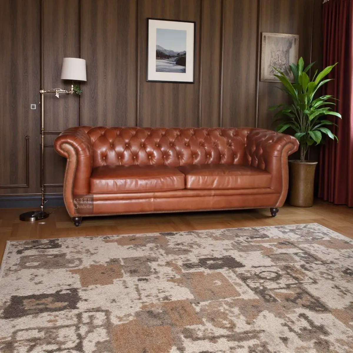 Canapé Chesterfield Marylebone 3 places en cuir cognac, vue 8 sur 9