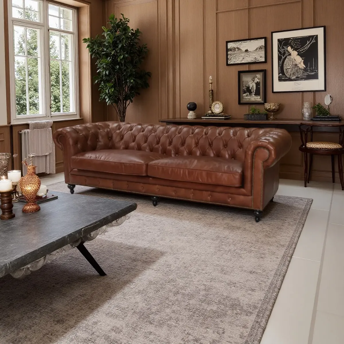 Canapé Chesterfield Pimlico 3 places en cuir chocolat, vue 5 sur 10