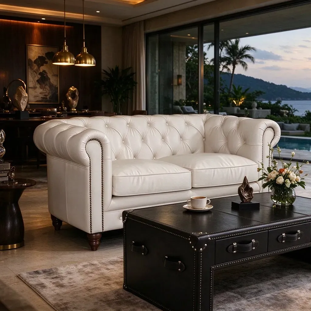 Canapé Chesterfield Primrose 2 places en cuir ivoire