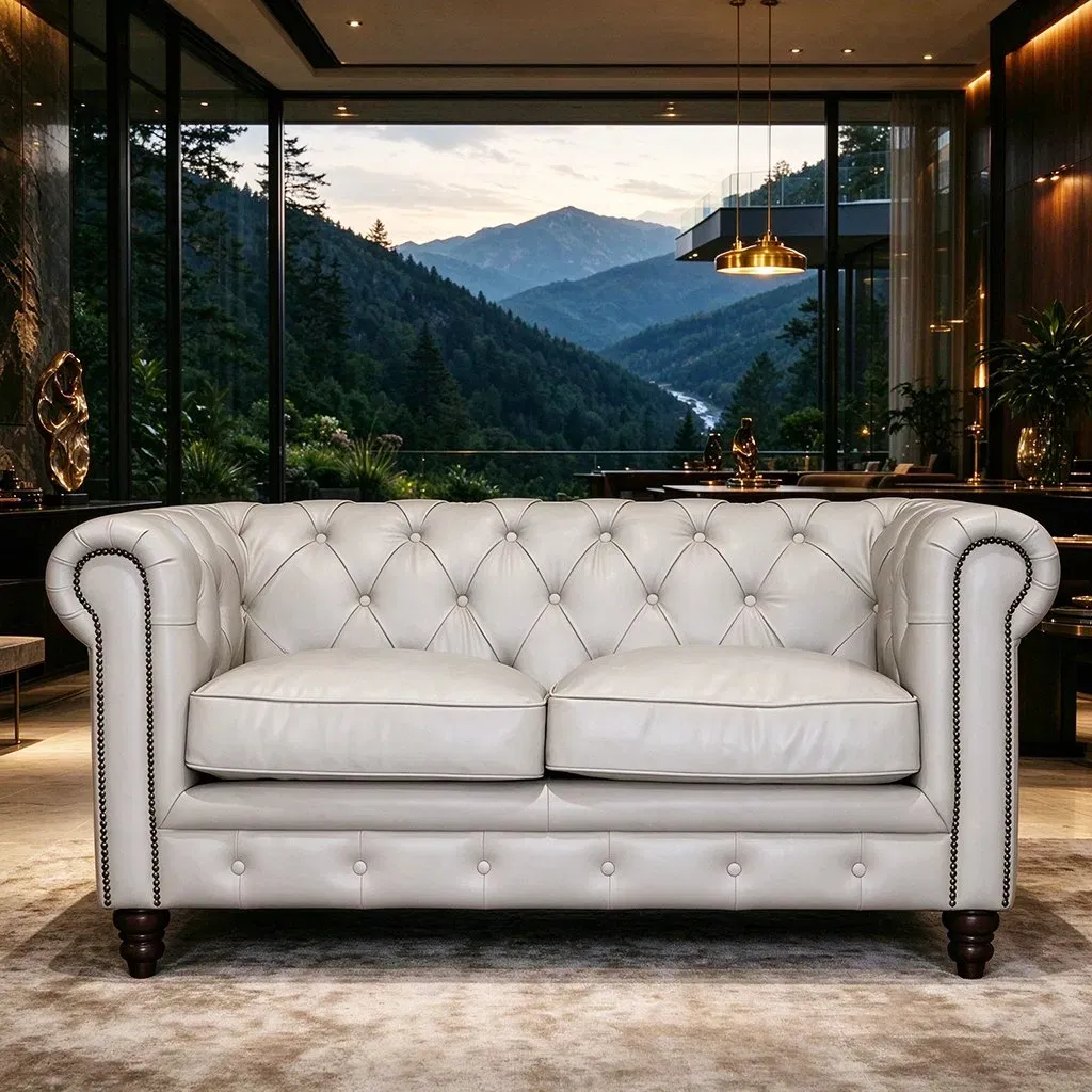 Canapé Chesterfield Primrose 2 places en cuir ivoire : entretien : les gestes propres au pouf