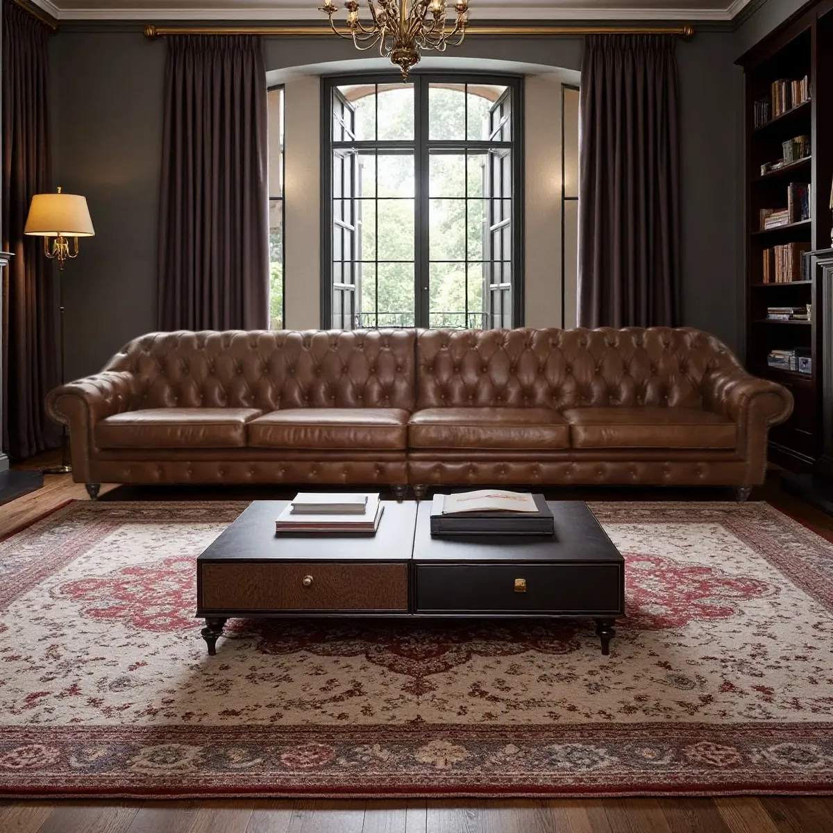 Canapé Chesterfield Southwark 5 places en cuir marron vieilli, vue 2 sur 6