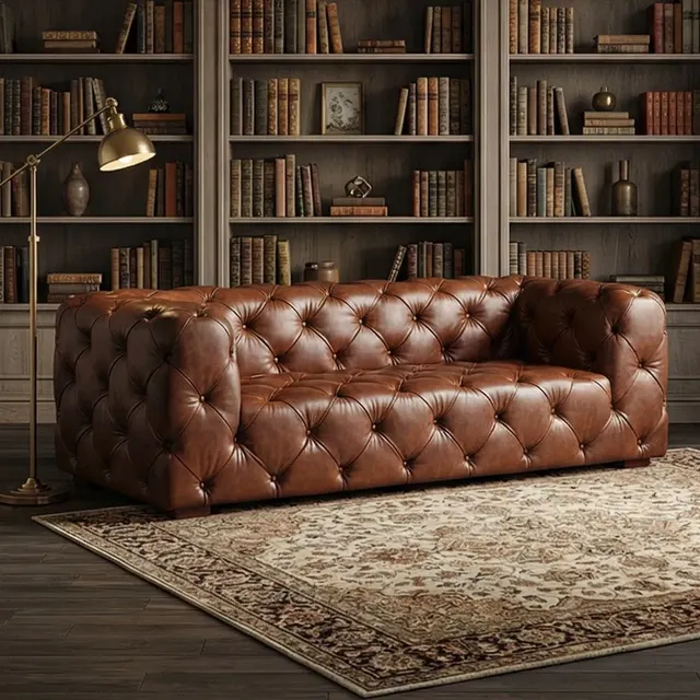 Canapé Chesterfield Wapping 3 places en cuir cognac vieilli