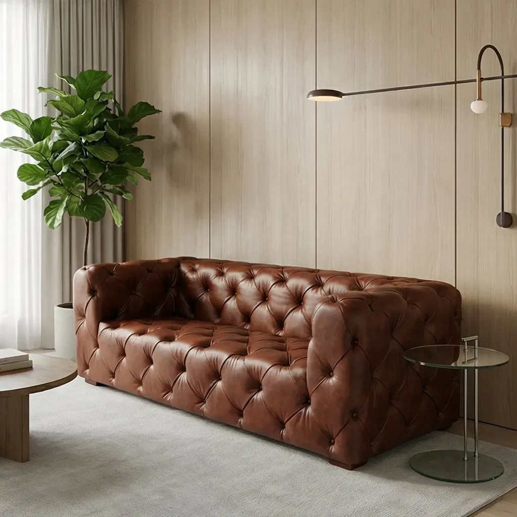 Canapé Chesterfield Wapping 3 places en cuir cognac vieilli, vue 5 sur 5