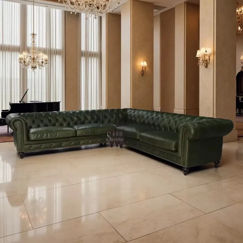 Canapé d'angle Chesterfield Bloomsbury en cuir vert anglais, vue 2 sur 3