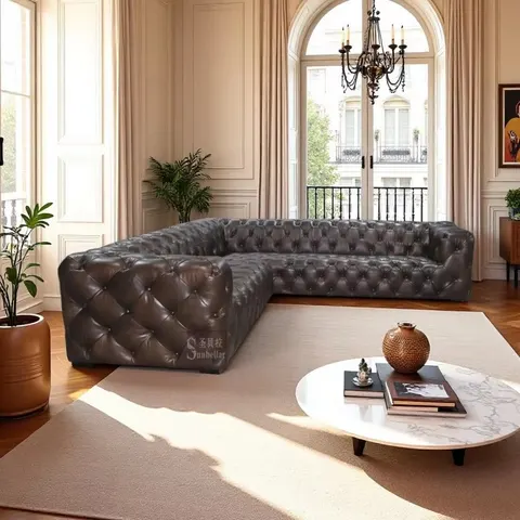 Canapé d'angle Chesterfield Covent en cuir marron vieilli