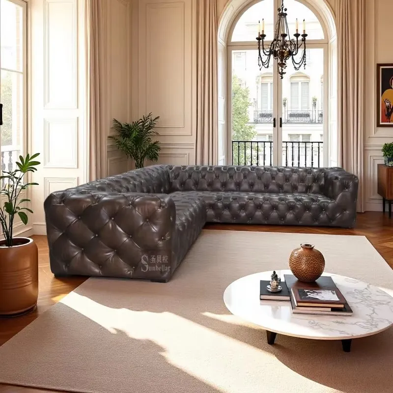 Canapé d'angle Chesterfield Covent en cuir marron vieilli