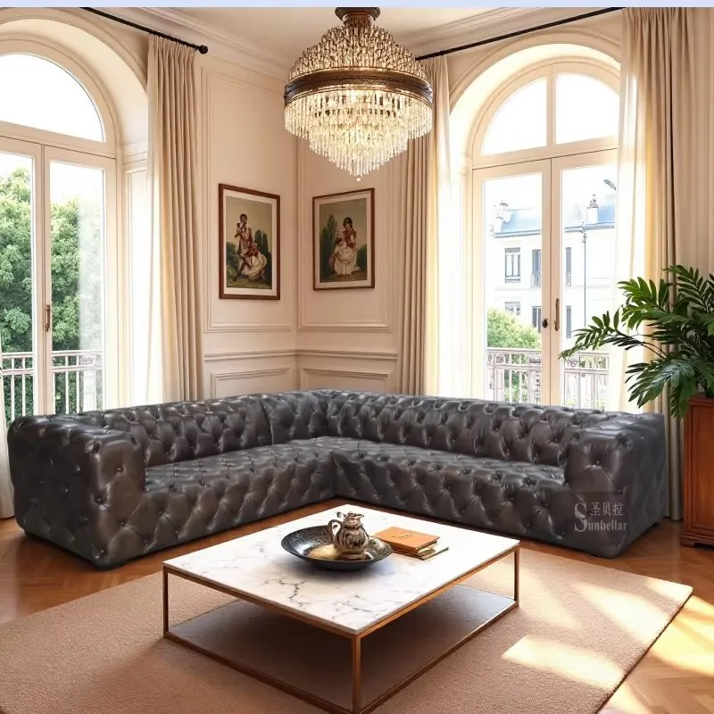 Canapé d'angle Chesterfield Covent en cuir marron vieilli, vue 2 sur 3