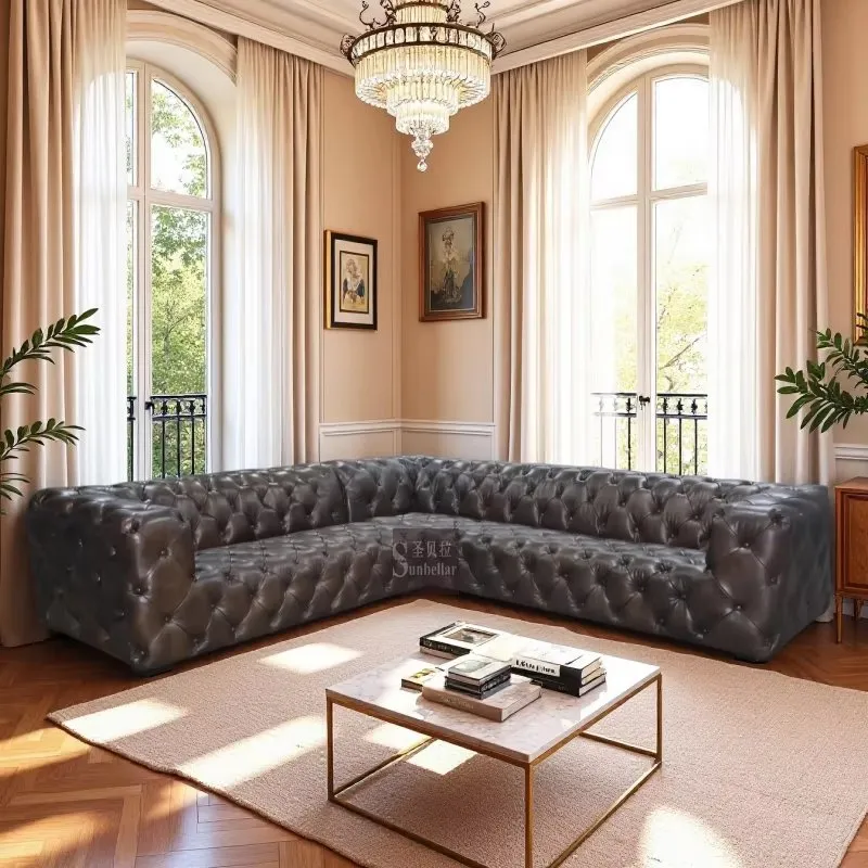 Canapé d'angle Chesterfield Covent en cuir marron vieilli, vue 3 sur 3
