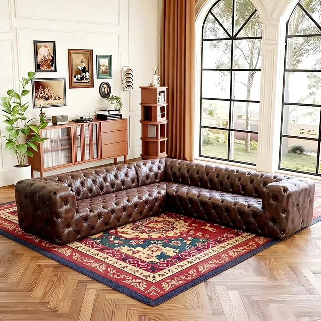 Canapé d'angle Chesterfield Notting en cuir cognac vieilli
