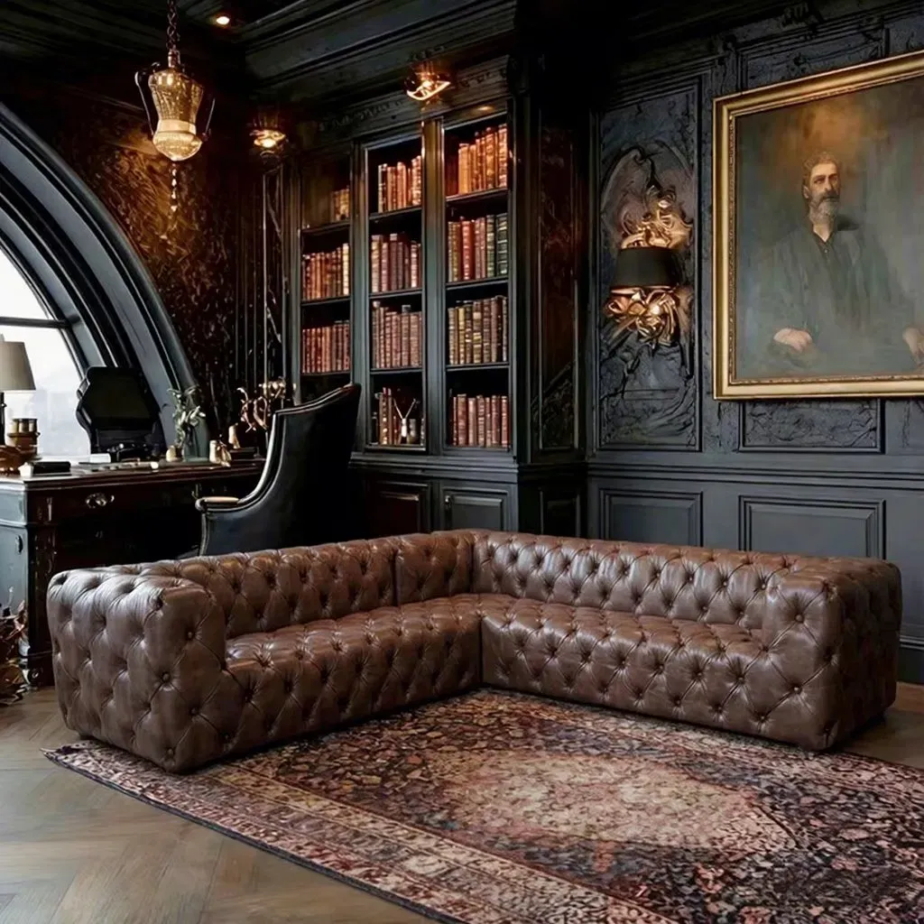 Canapé d'angle Chesterfield Notting en cuir cognac vieilli, vue 3 sur 3