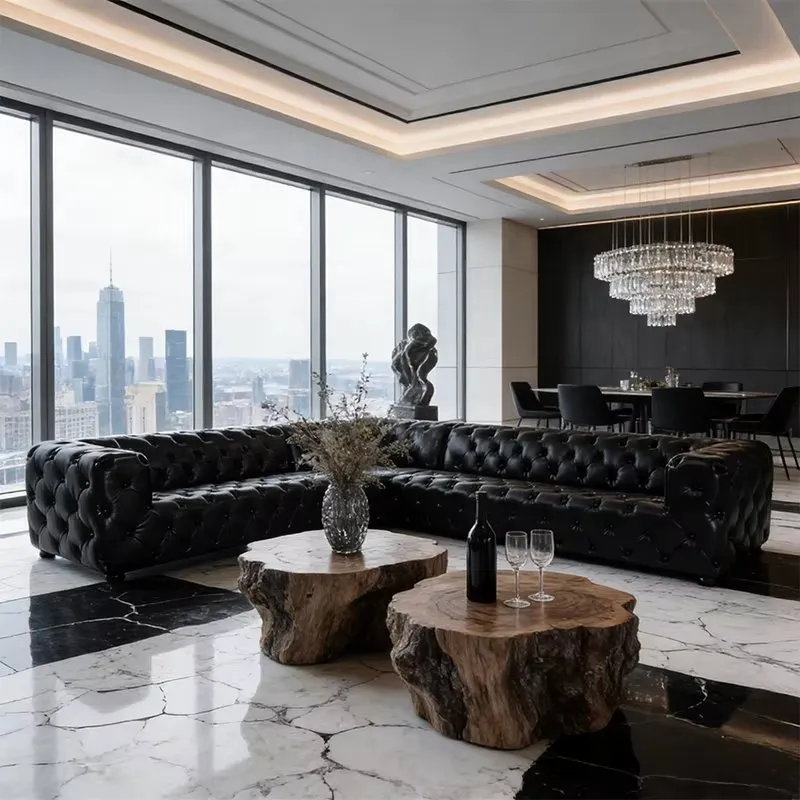 Canapé d'angle Chesterfield Soho en cuir noir, vue 2 sur 7