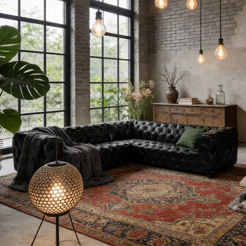 Canapé d'angle Chesterfield Soho en cuir noir, vue 3 sur 7