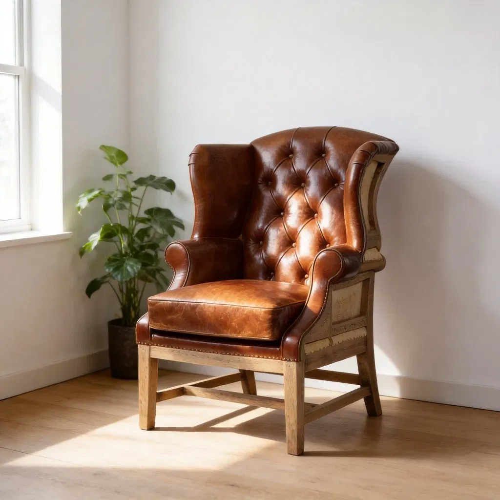 Fauteuil à oreilles Chesterfield Dulwich en cuir cognac vieilli