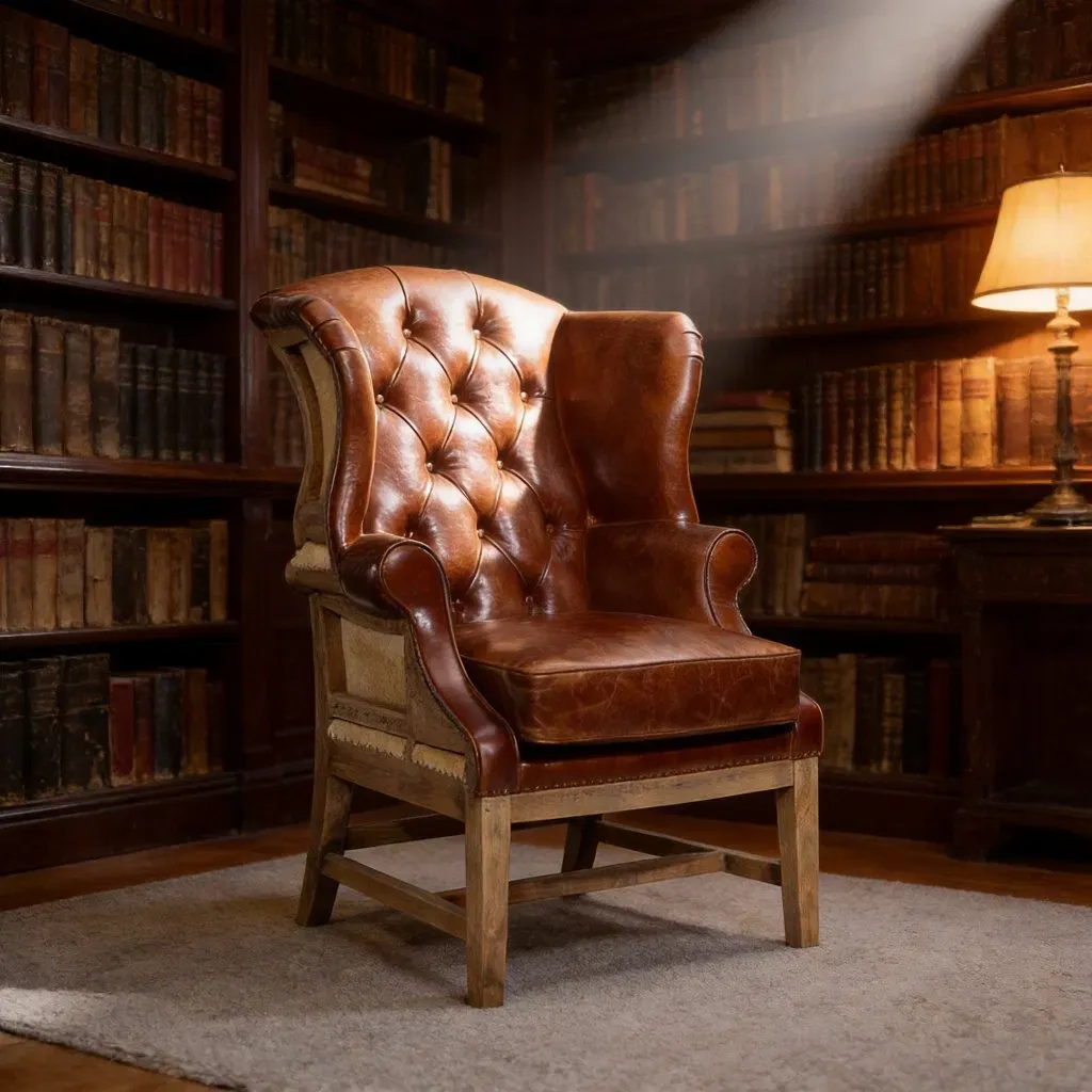 Fauteuil à oreilles Chesterfield Dulwich en cuir cognac vieilli, vue 2 sur 5