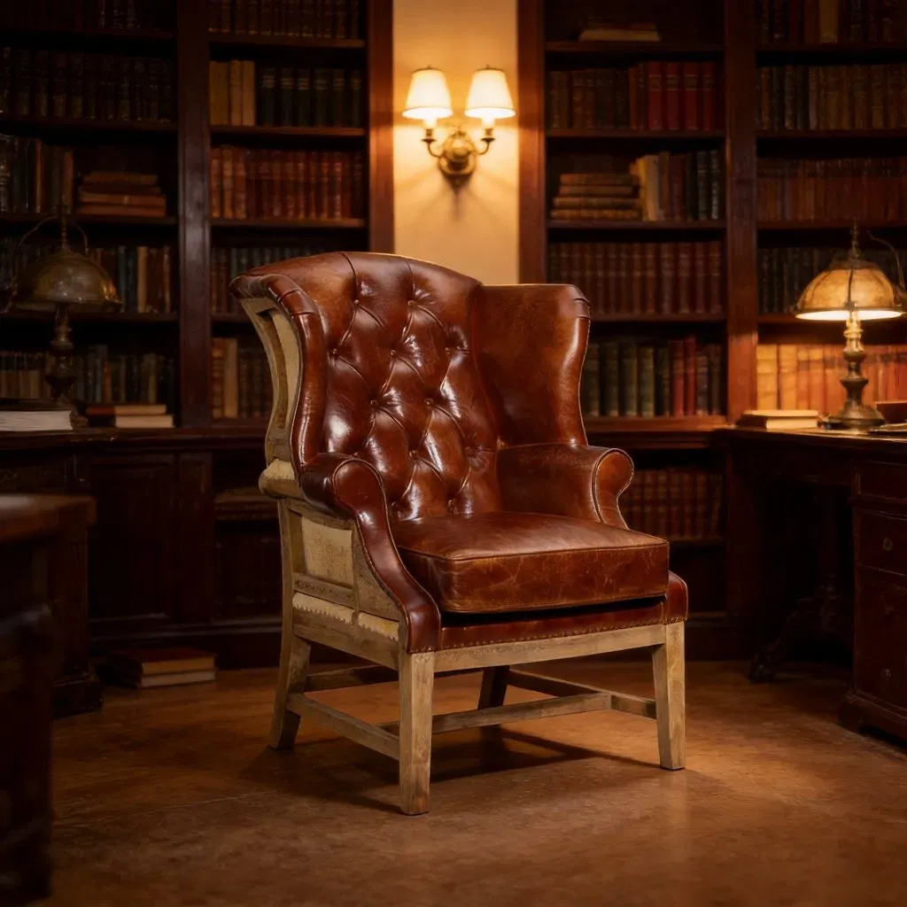 Fauteuil à oreilles Chesterfield Dulwich en cuir cognac vieilli, vue 3 sur 5