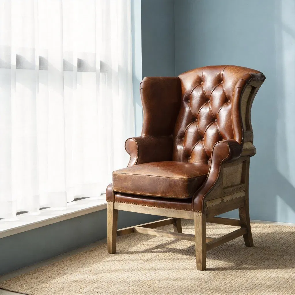 Fauteuil à oreilles Chesterfield Dulwich en cuir cognac vieilli, vue 4 sur 5