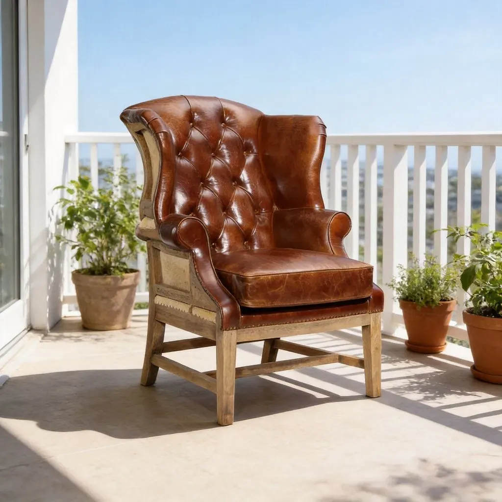 Fauteuil à oreilles Chesterfield Dulwich en cuir cognac vieilli, vue 5 sur 5