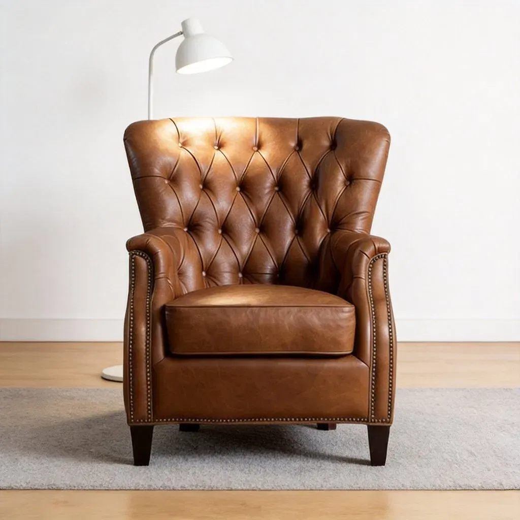 Fauteuil à oreilles Chesterfield Highgate en cuir cognac vieilli, vue 2 sur 6