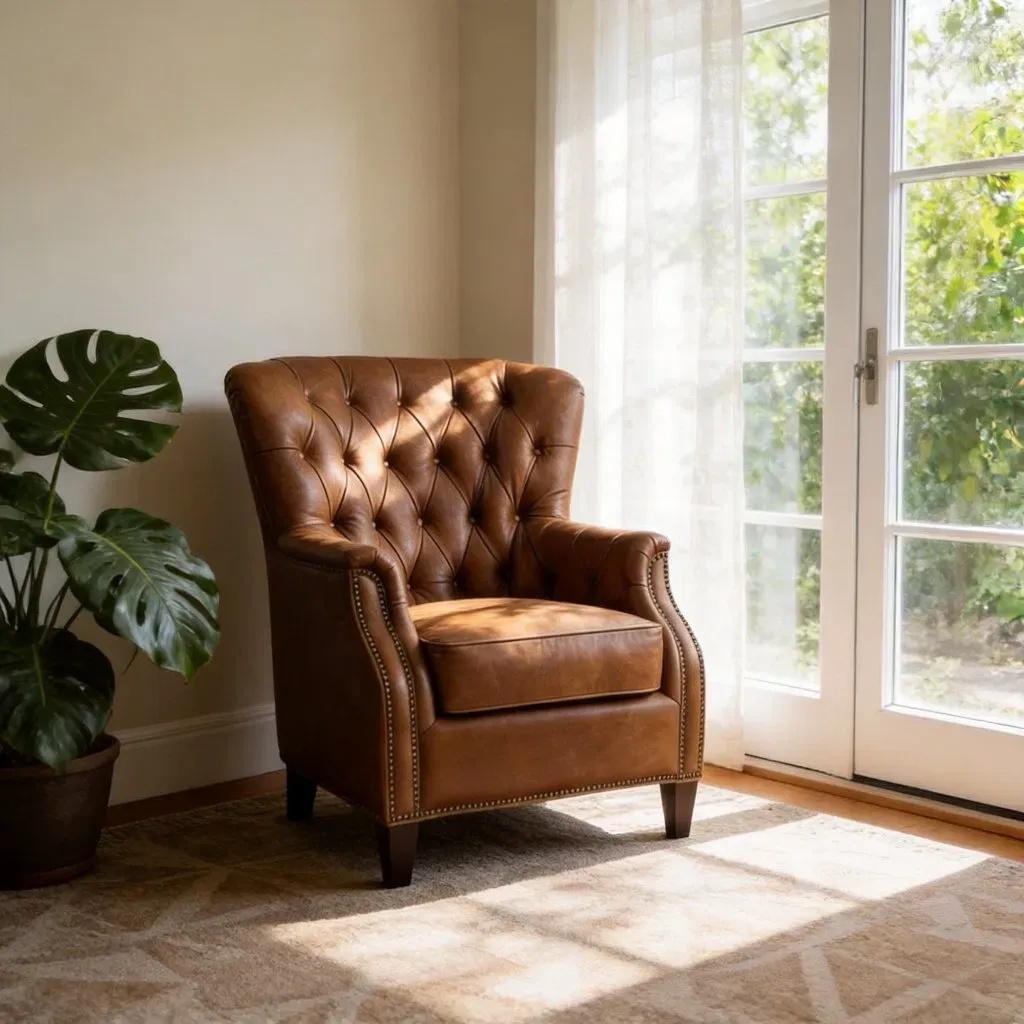 Fauteuil à oreilles Chesterfield Highgate en cuir cognac vieilli, vue 3 sur 6