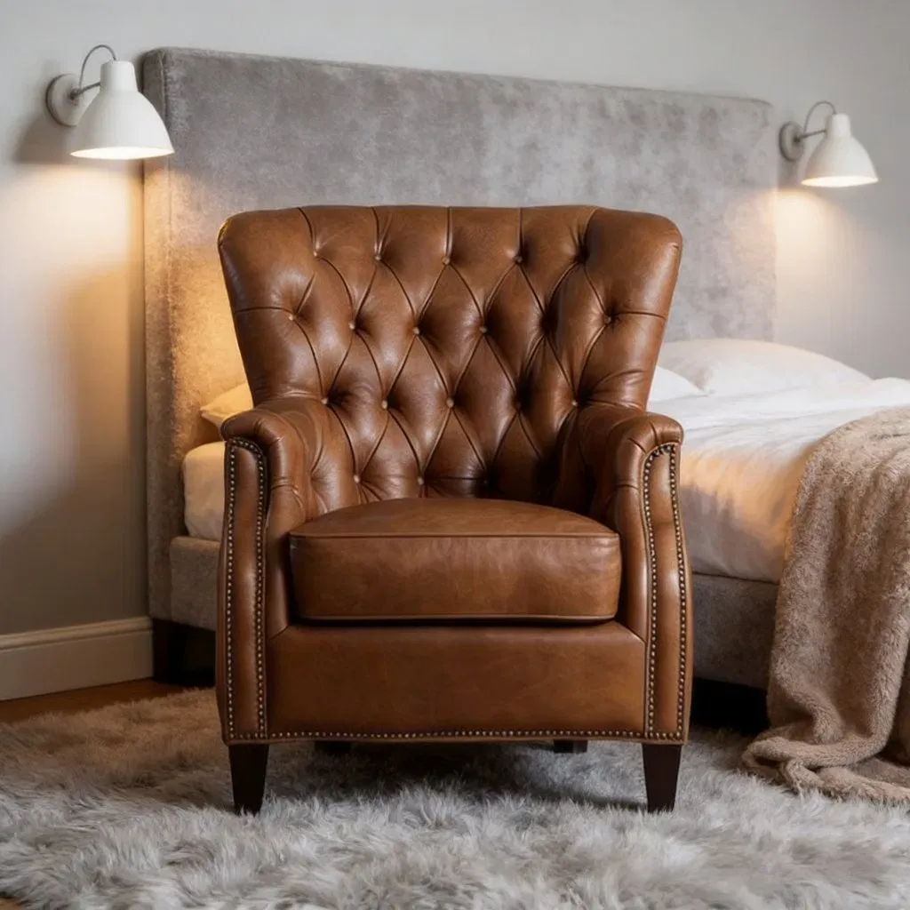 Fauteuil à oreilles Chesterfield Highgate en cuir cognac vieilli, vue 4 sur 6