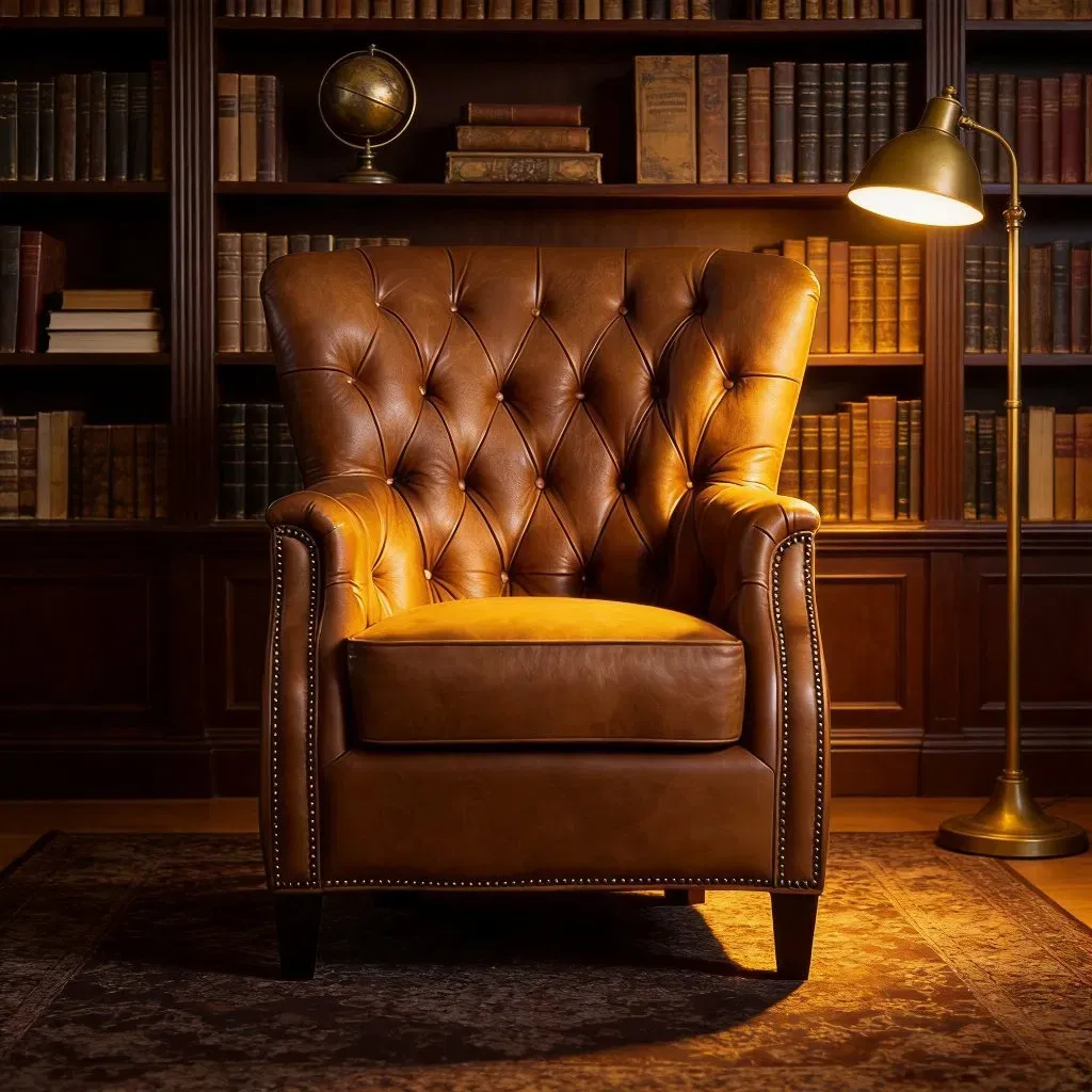 Fauteuil à oreilles Chesterfield Highgate en cuir cognac vieilli, vue 5 sur 6