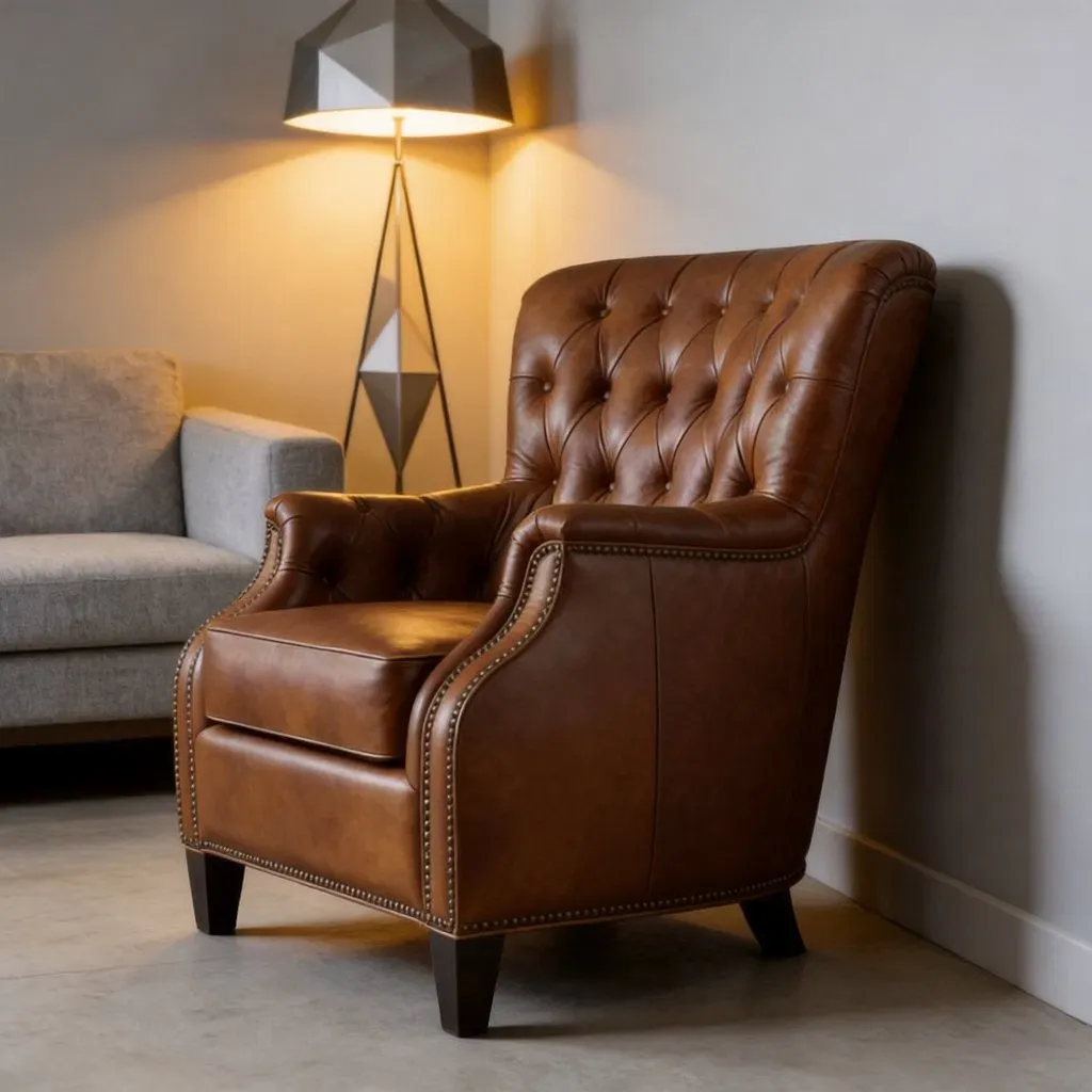 Fauteuil à oreilles Chesterfield Highgate en cuir cognac vieilli, vue 6 sur 6