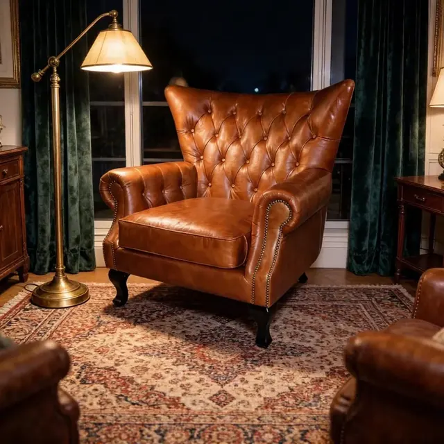 Fauteuil à oreilles Chesterfield Mortlake en cuir cognac