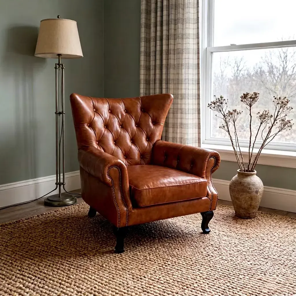 Fauteuil à oreilles Chesterfield Mortlake en cuir cognac, vue 2 sur 6