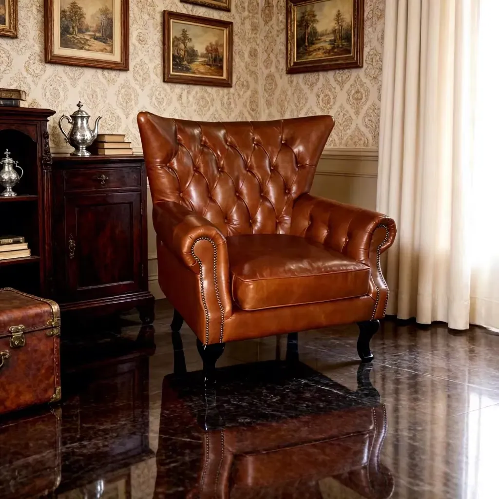 Fauteuil à oreilles Chesterfield Mortlake en cuir cognac, vue 3 sur 6